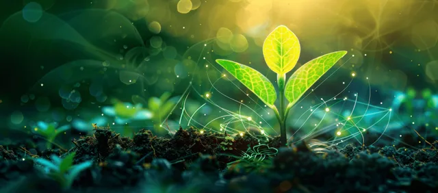 A small green sprout rises from soil surrounded by glowing particles and circuit-like network lines.