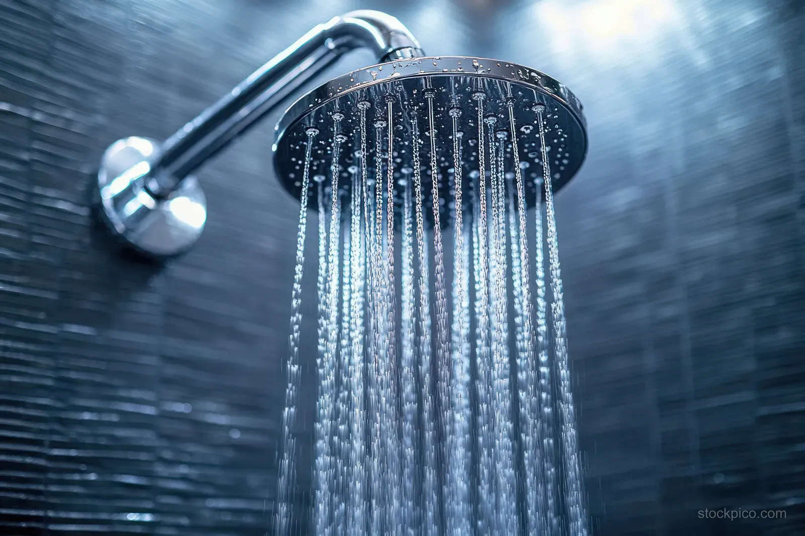 Chrome showerhead sprays water droplets that splash behind wet glass in a softly lit tiled bathroom.
