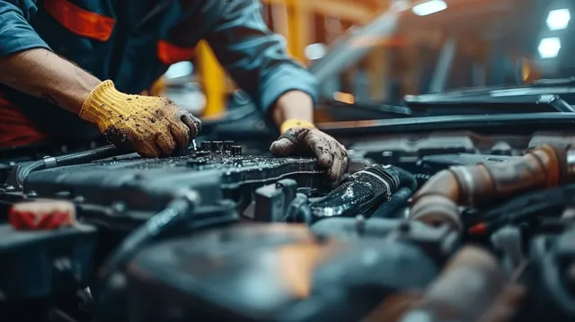 Mechanic checking car battery with digital multimeter among engine components in workshop