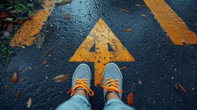 Child stepping on a numbered path with pine leaves, outdoors during autumn