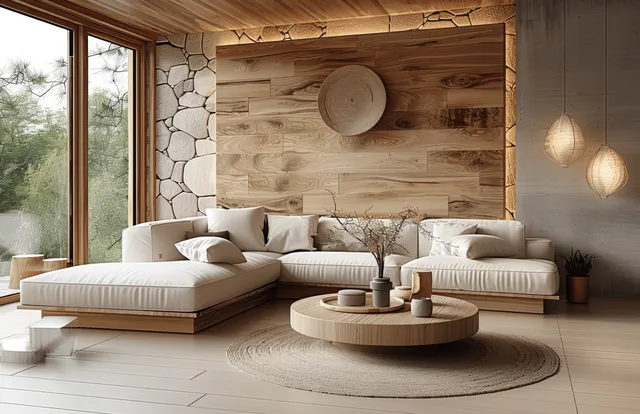 Minimalist living room with white sectional, round coffee table, wood paneling, stone accent wall, and large window light.