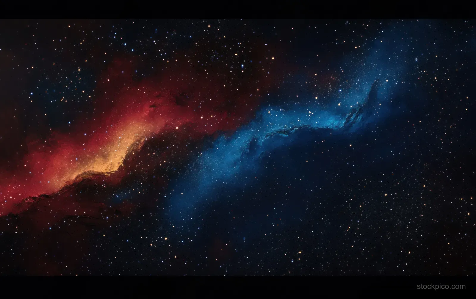 Blue and red nebula clouds swirl through a dense star field in deep space.