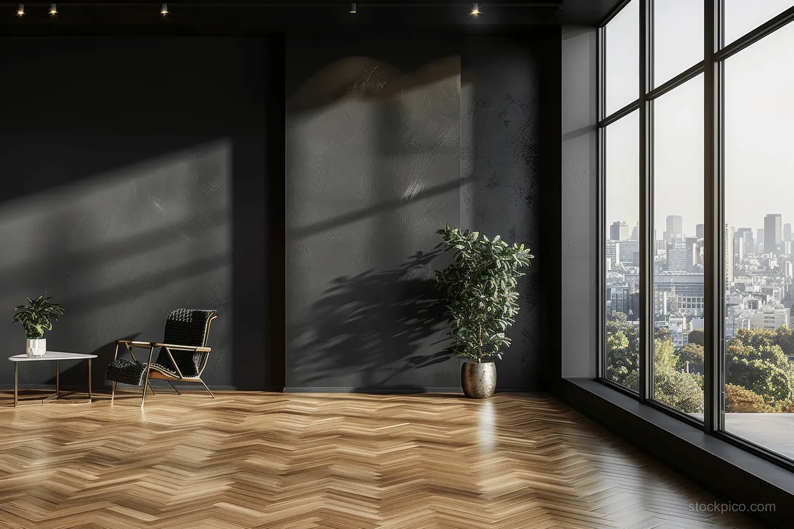 Empty Scandinavian room with herringbone parquet floor, black walls, and a panoramic window overlooking a city skyline.