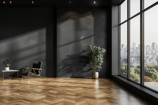 Empty Scandinavian living room interior with parquet floor, black walls, and panoramic city-window light with Floor To Ceiling Glass
