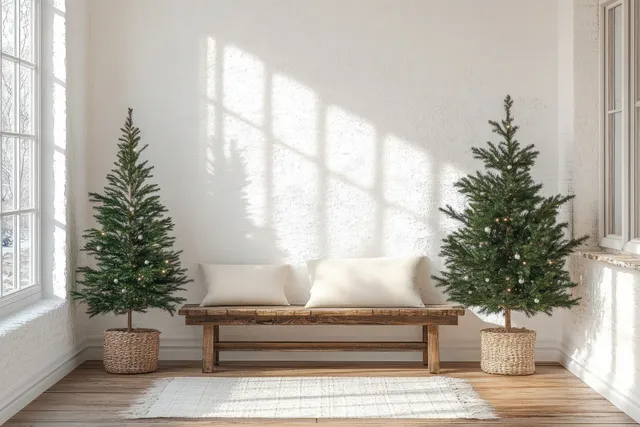 Minimalist Christmas entryway featuring a wooden bench with two potted evergreen trees beside sunny windows.