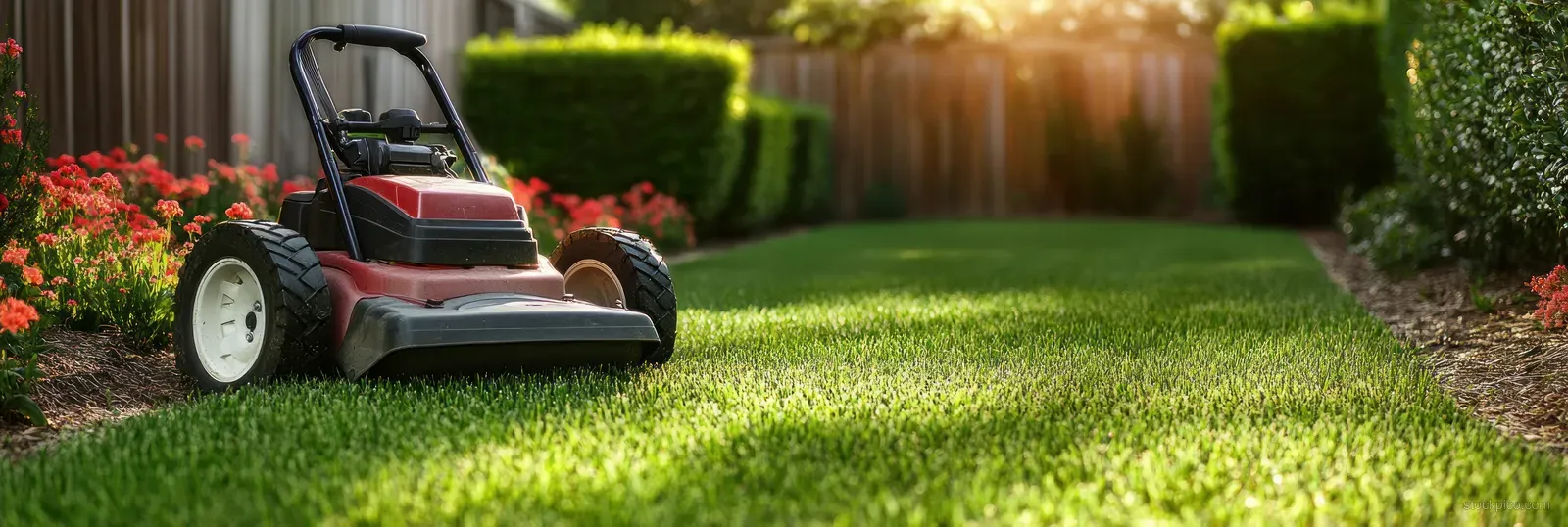 A red lawn mower cuts short green grass in a backyard garden beside flower beds and trimmed hedges.