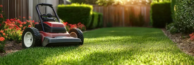 A red lawn mower cuts short green grass in a backyard garden beside flower beds and trimmed hedges.