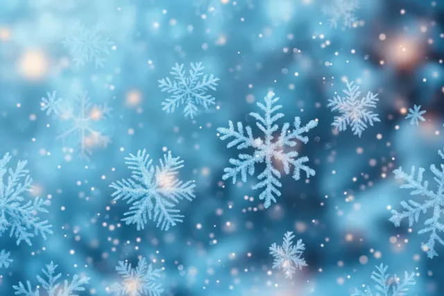 Pastel blue winter snowfall background with floating snowflakes and soft glowing bokeh