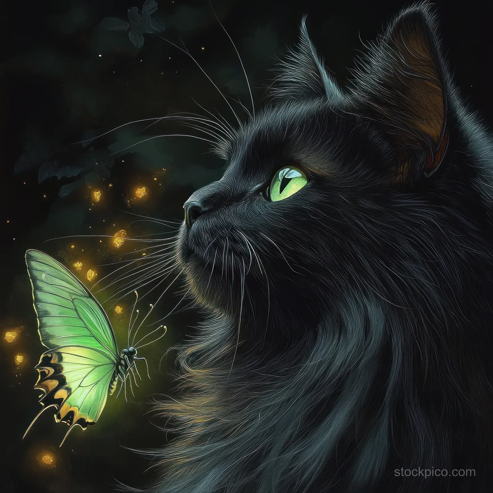 Black cat with glowing green eyes closely watches a luminous green butterfly near drifting light orbs in darkness.