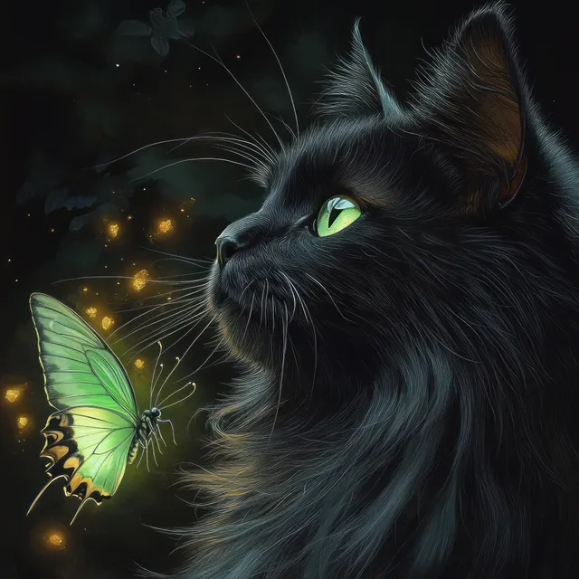 Black cat in dark magic light, watching a glowing green butterfly and orbs close-up