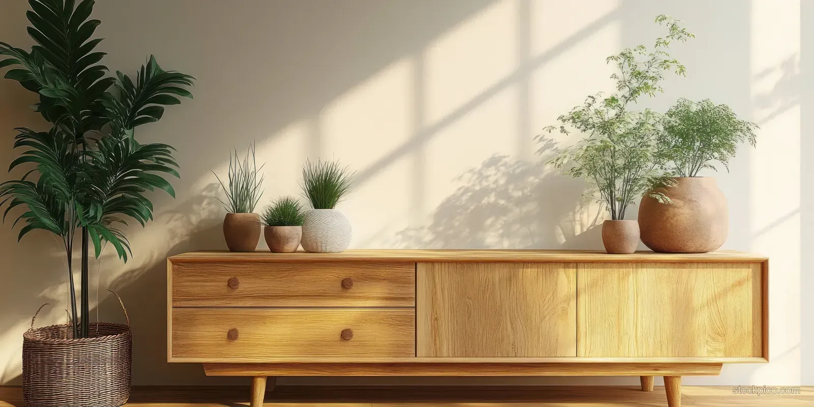 Sunlit Scandinavian living room corner with a wooden sideboard holding potted plants and soft window shadow lines.