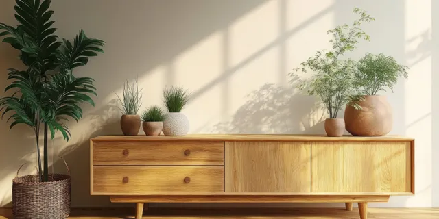 Sunlit Scandinavian living room corner with a wooden sideboard holding potted plants and soft window shadow lines.