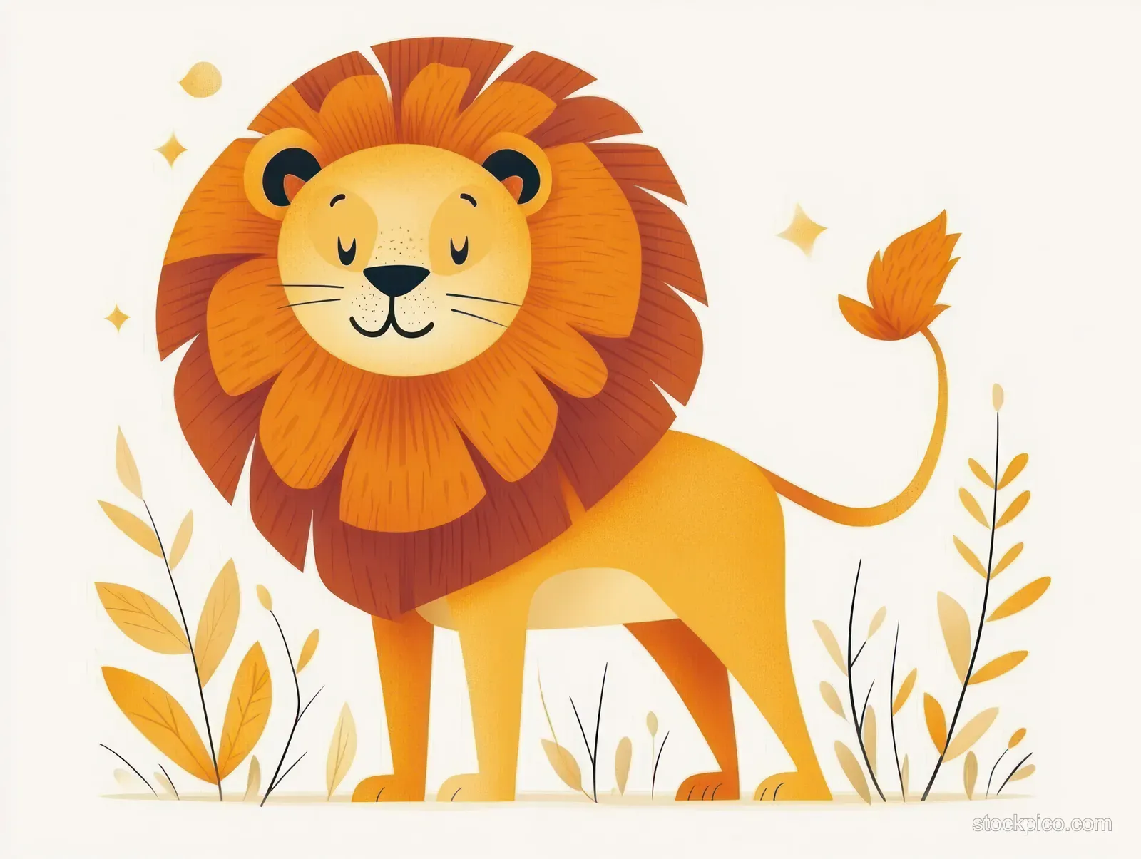 Cartoon lion with a large mane standing calmly among yellow plants with twinkling sparkles and leaves around it.