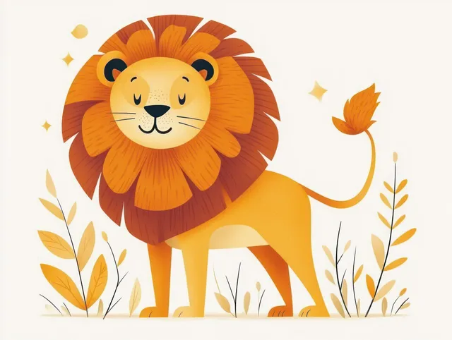 Cute cartoon lion with wide mane standing calmly among yellow plants and twinkling sparkles