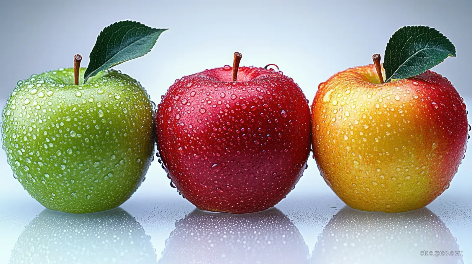 Three apples with leaves and water droplets sit in a row on a reflective surface.