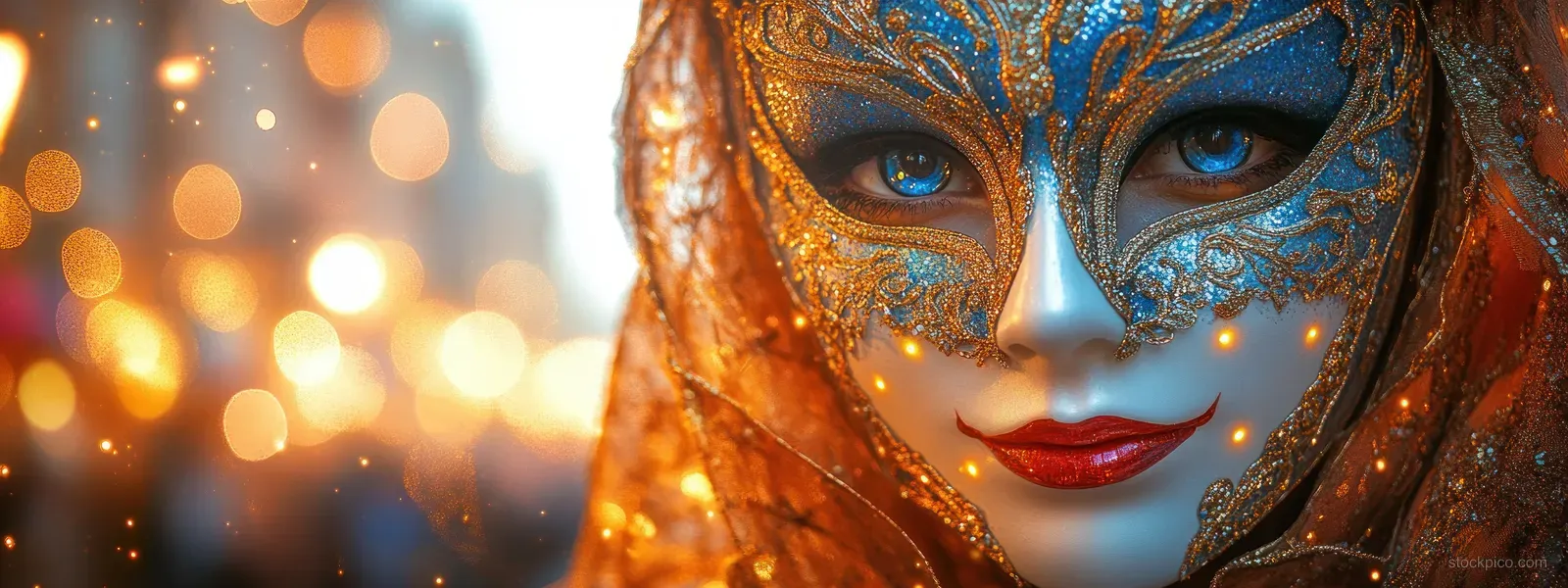 Ornate Venetian carnival masks with gold trim and feathers beside warm bokeh lights in a festive evening scene.