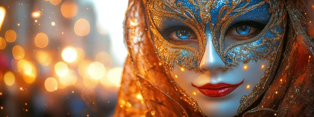 Venetian carnival masks with feathers and gold trim under warm festival lights, bokeh background