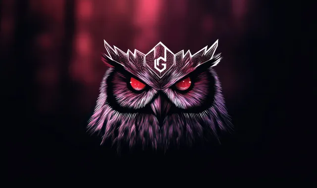 Mystical owl head with glowing red eyes and a crown-like forehead emblem