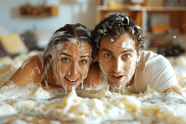 Playful couple laughing while covered in thick soap bubbles during indoor bath time