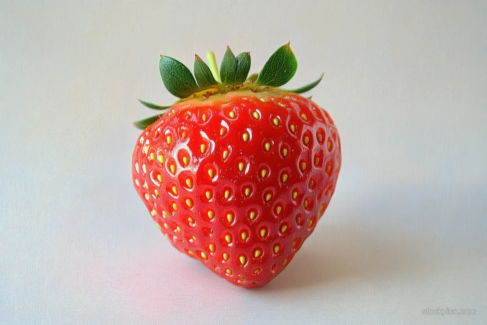 A fresh red strawberry with dew drops and green leaves sits on a soft neutral background.