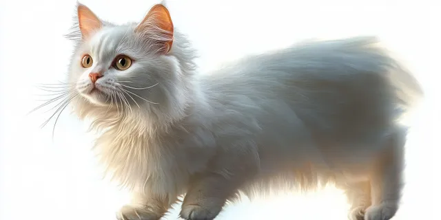 Fluffy white cat with amber eyes looks attentively to the side against a bright background.