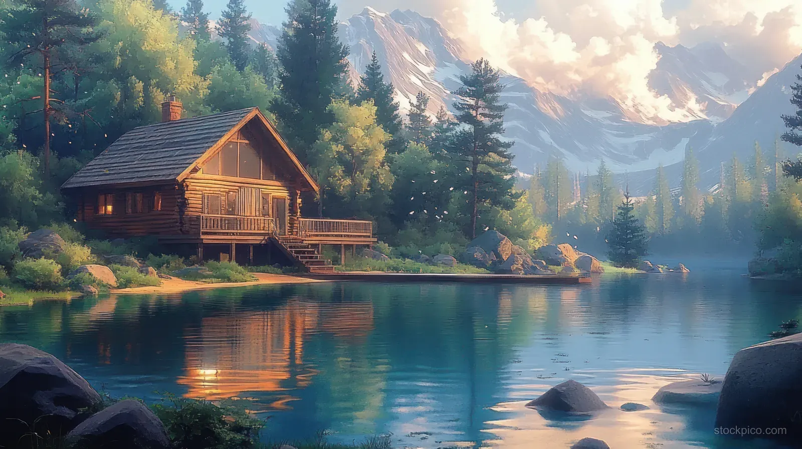 Lakeside wooden cabin at sunrise reflecting on calm lake water beside pine forest and distant mountains.