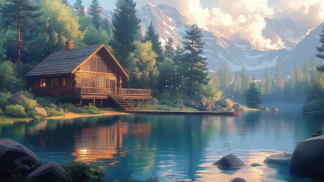 Impressionist lakeside cabin at sunrise with mirror-like reflections and pine forest backdrop