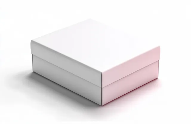 White cardboard package box mockup with blank label on studio white background