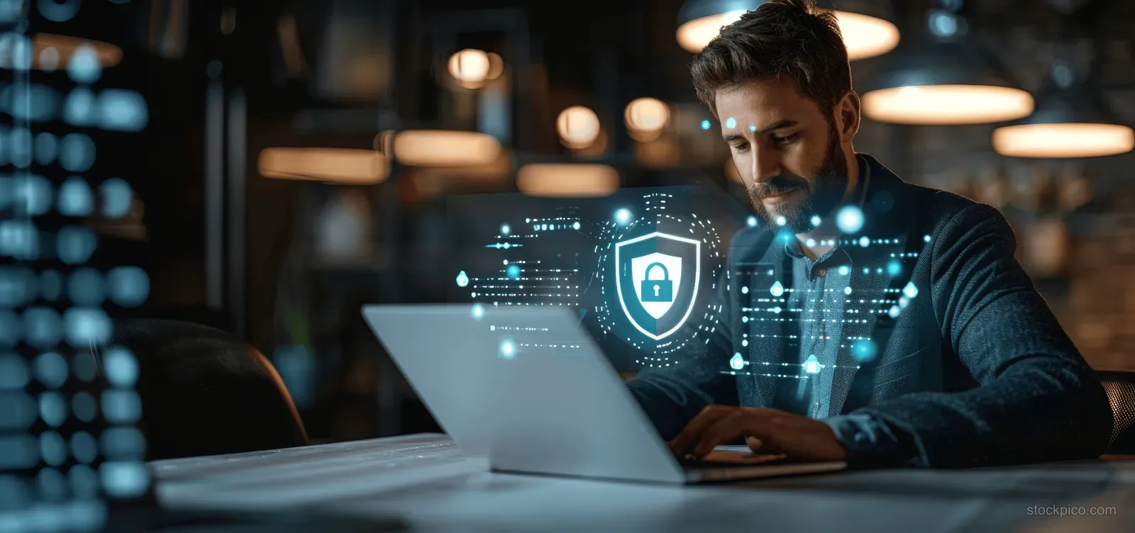 A person using a laptop with a floating shield icon and encrypted data signals over a dark office background.