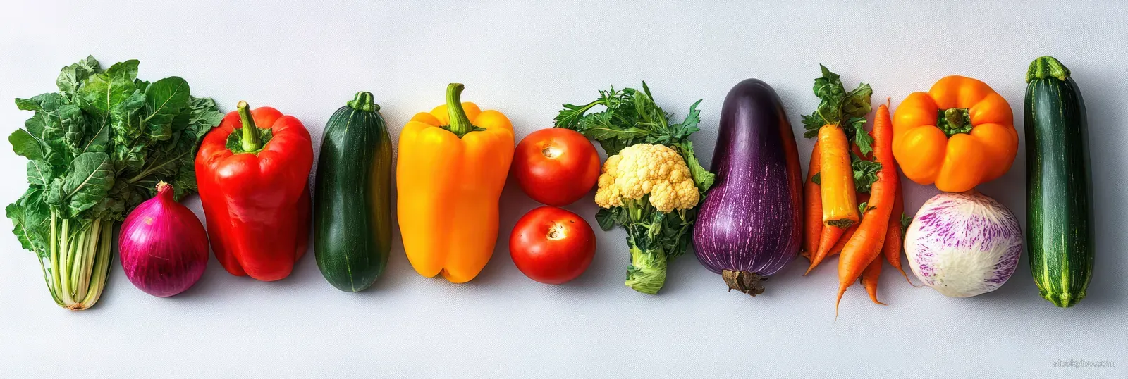 Colorful vegetables arranged in a line on a white background with peas, tomatoes, beets, cucumber, and eggplant.