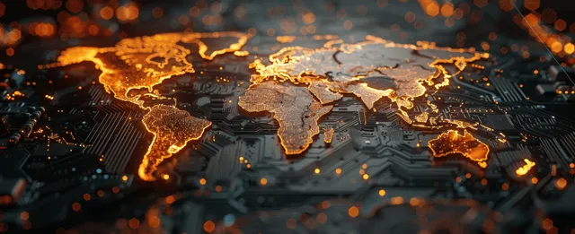 Glowing semiconductor circuit world map with network lights across continents