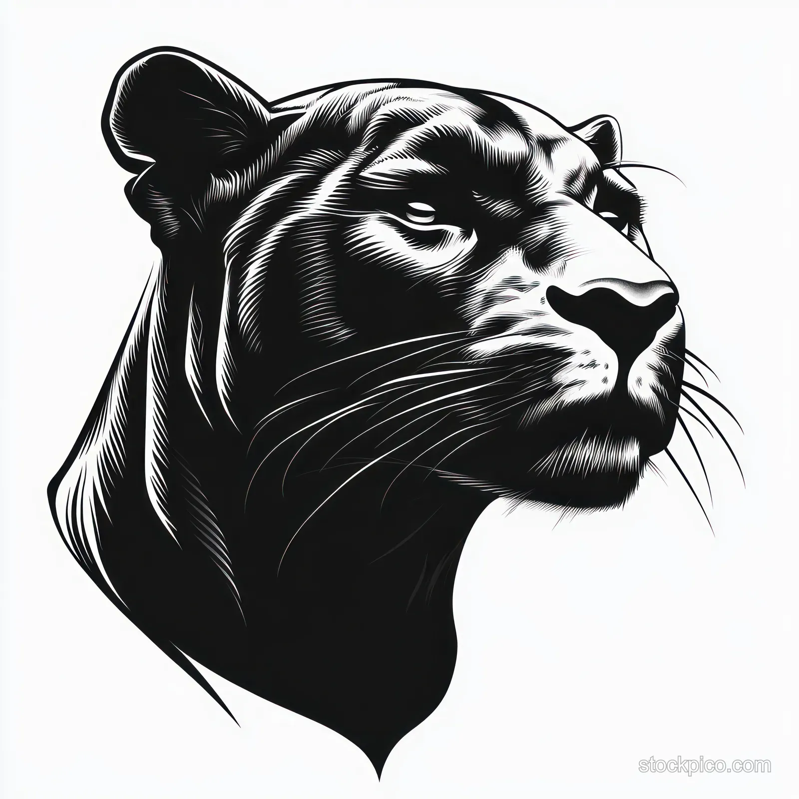 Monochrome illustration of a black panther head in close-up, gazing slightly upward with detailed whiskers and fur.
