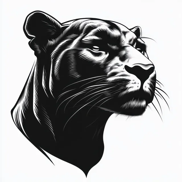 Monochrome illustration of a black panther head in close-up, gazing slightly upward with detailed whiskers and fur.