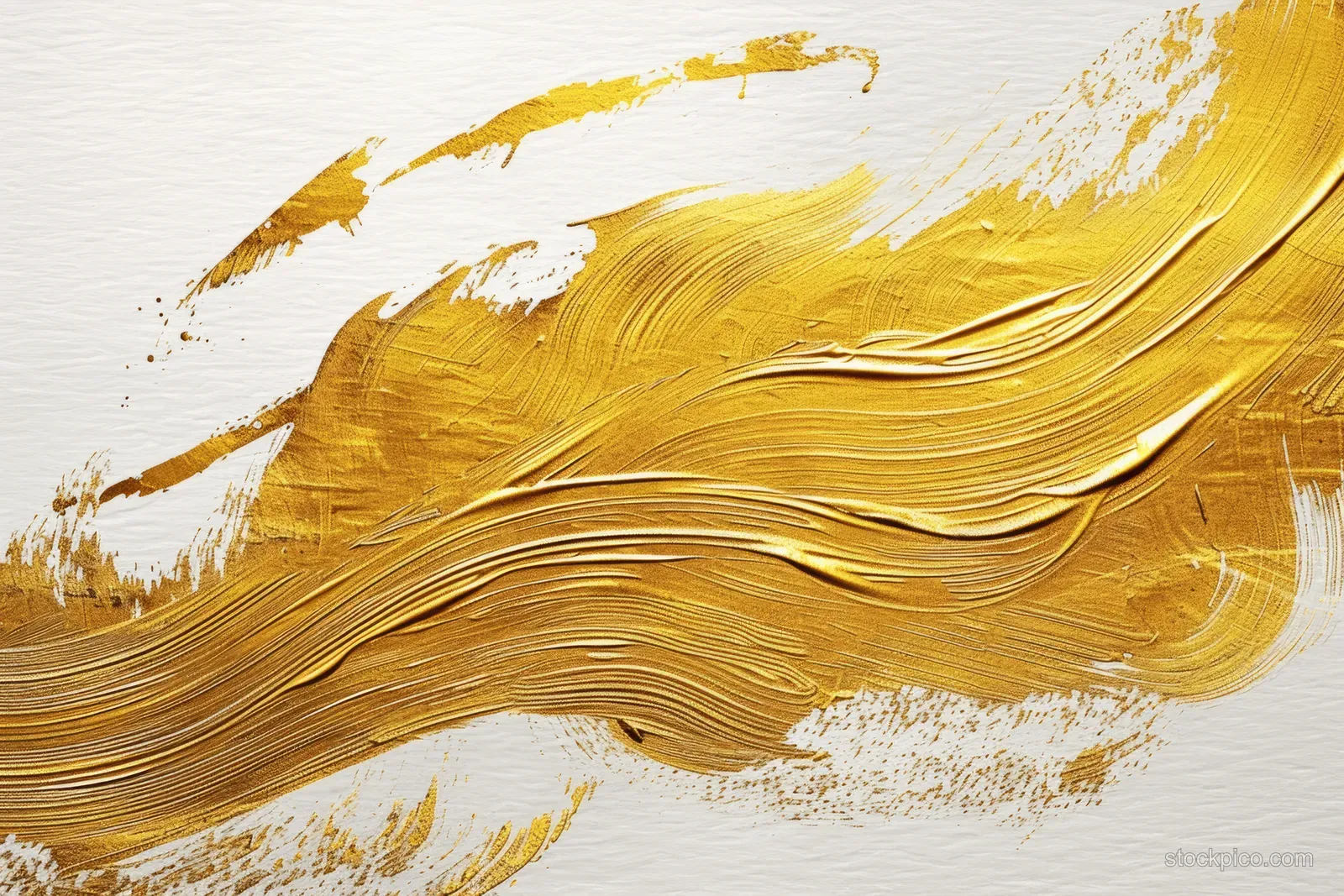 Japanese gold brush strokes sweep across a textured white paper background with visible paint grain.