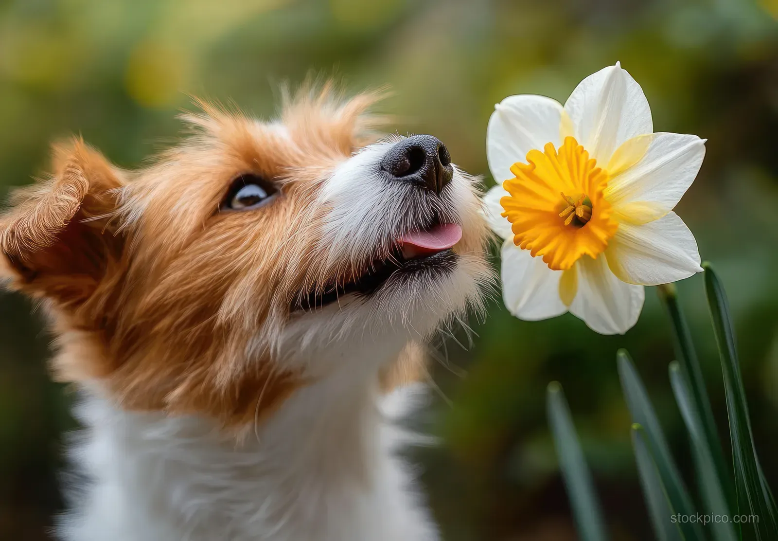 Small brown-and-white dog sniffs a white and yellow daffodil while standing in a softly blurred green garden.