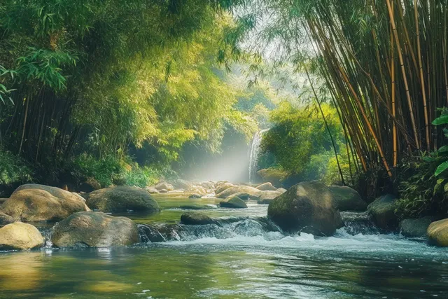 Tranquil river bend in Central Java with lush bamboo, mossy stones, and gentle waterfall mist