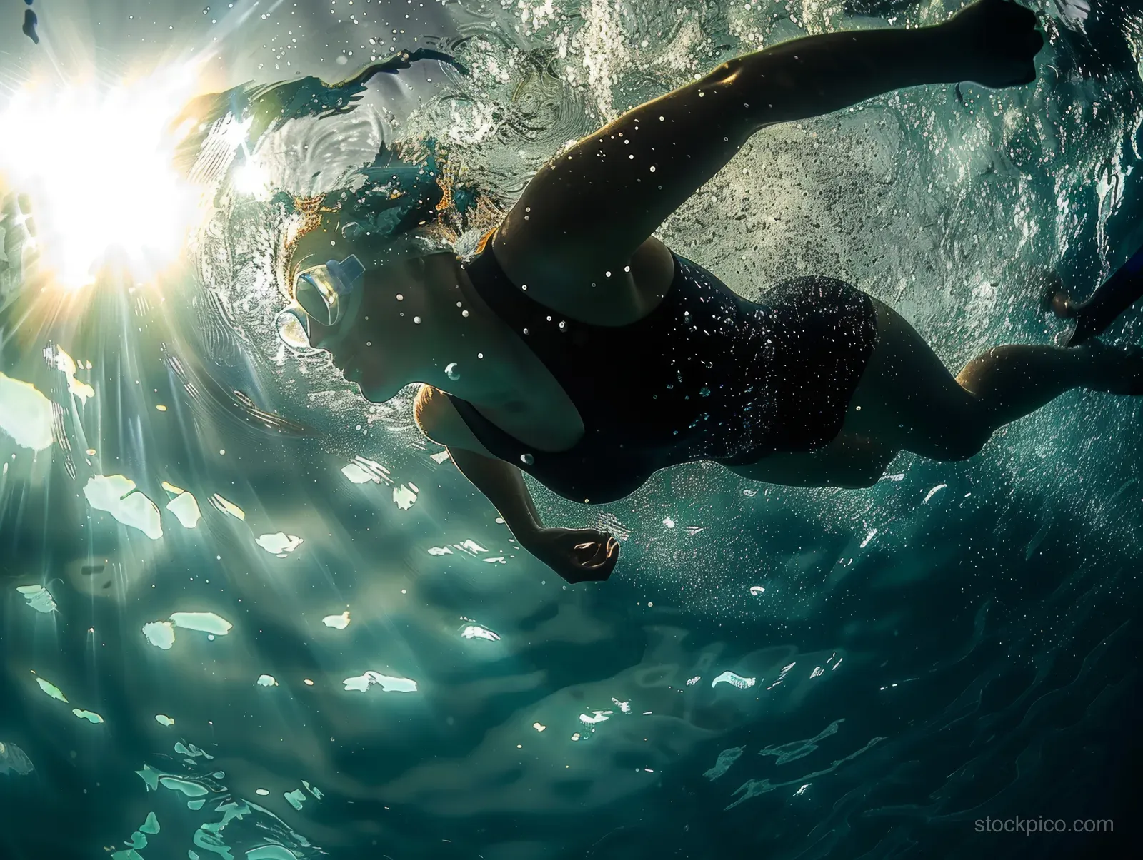 British swimmer performing breaststroke underwater with sunbeams and bubbles rising around her.