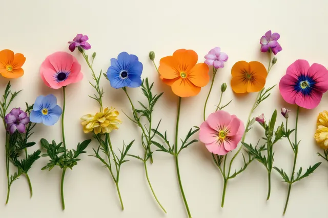 Colorful wildflowers arranged like notes on a light background