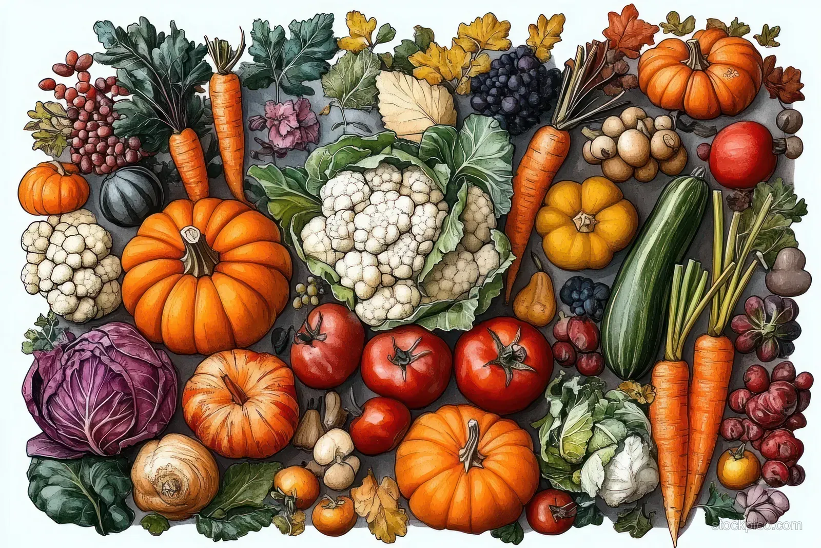 Assorted pumpkins, carrots, tomatoes, grapes, cauliflower, cabbage, and leafy greens laid out on a flat surface.