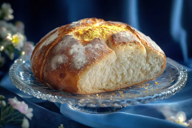 Rustic crusty bread loaf resting on glass plate with blue cloth and soft natural light