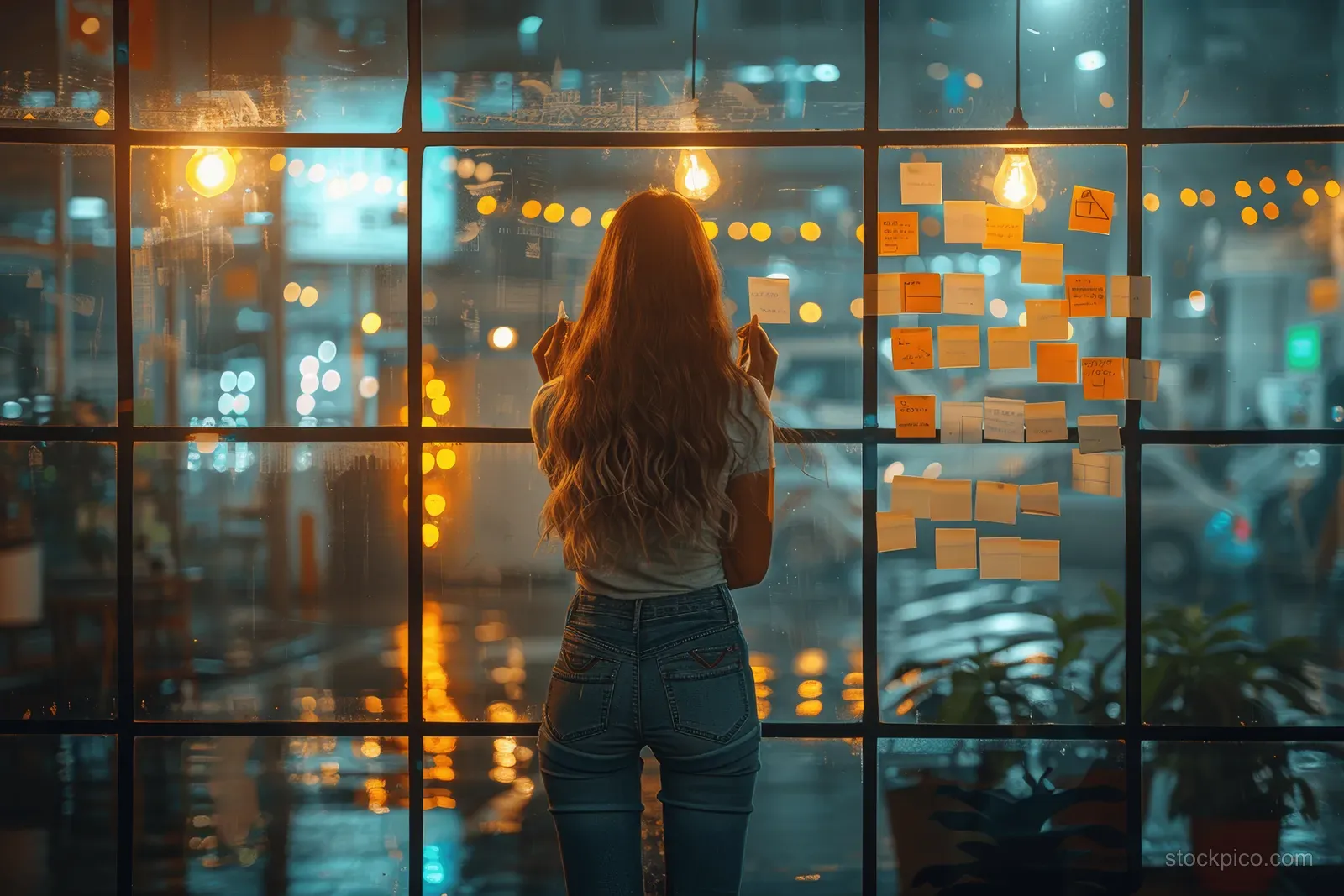 Young businesswoman stands at a glass office window with colorful sticky notes on the wall for project planning.