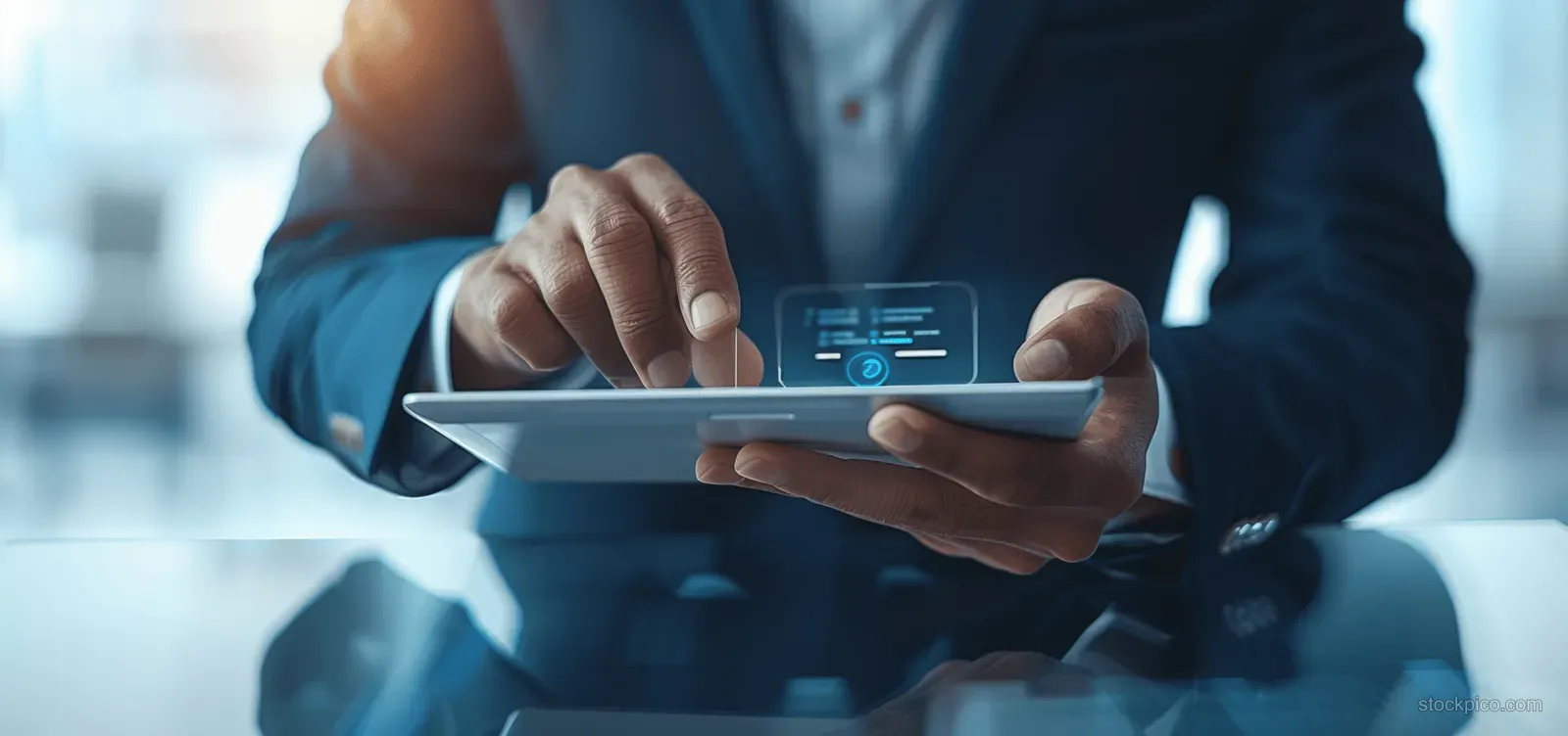 An executive in a suit holds a tablet with charts while discussing at an office co-working table.