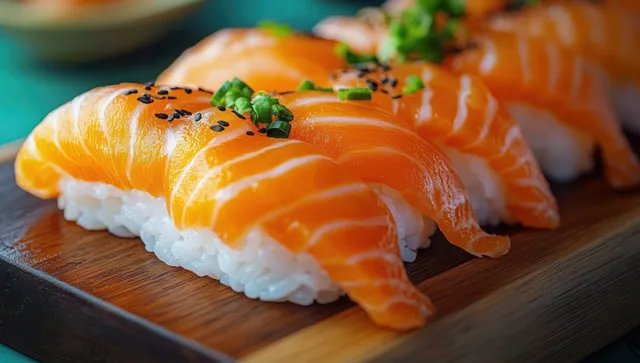 Salmon nigiri sushi on a wooden board with white rice, green onions, and black sesame seeds.