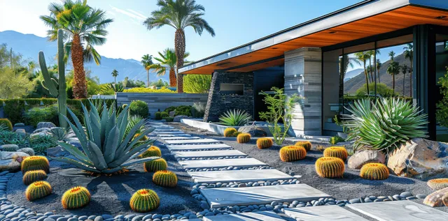 Concrete walkway and stone steps guide past cacti and succulents beside dark black rocks at a desert home entrance.