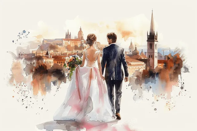 Watercolor bride and groom holding hands walking toward a cathedral above an old city silhouette.