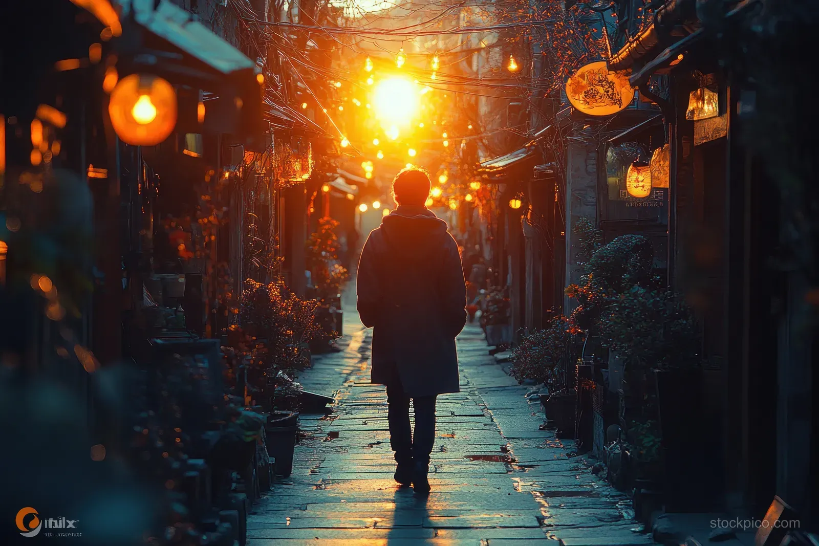 A woman walks alone down a narrow European alley during golden hour with sun flare between buildings.