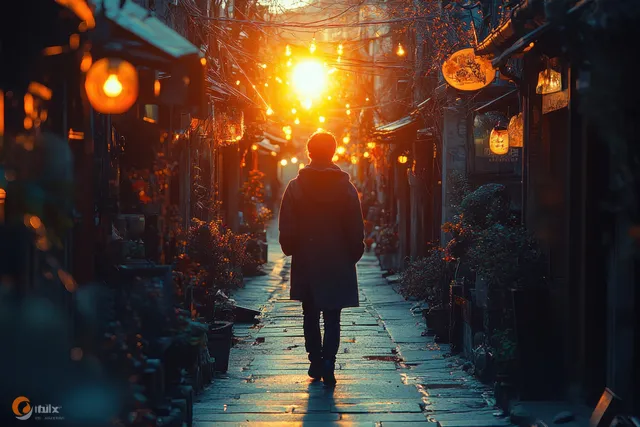 Solitary woman walks down a narrow European alley at golden hour with warm sun flare