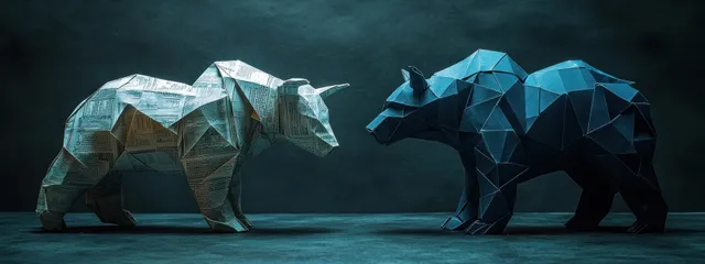 Origami bull and bear sculptures made from market paper face each other on a dark floor.