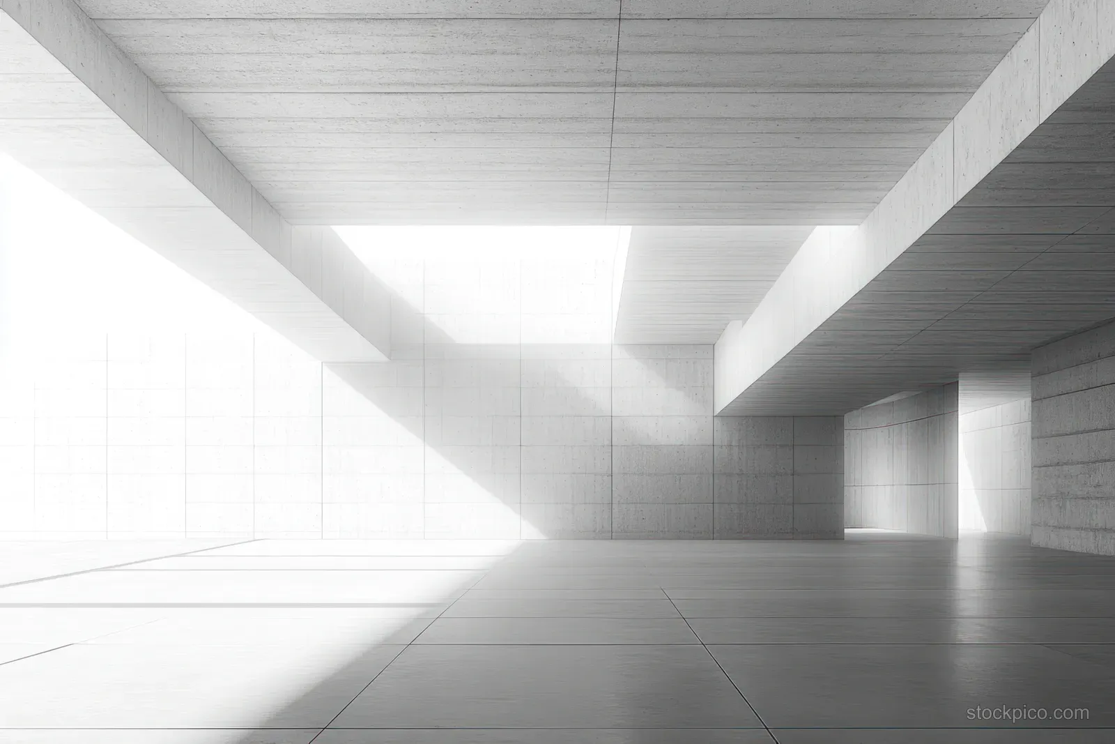 Empty concrete interior with skylights and sharp daylight shadows across a tiled floor.