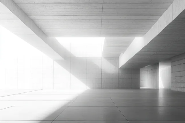 Empty concrete interior with skylights and sharp daylight shadows across a tiled floor.